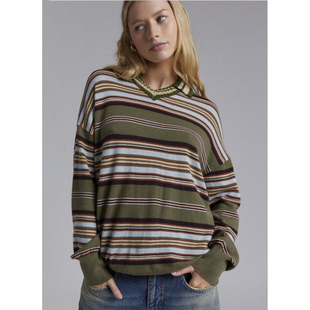 BDG Urban Outfitters Bowden Striped Polo Sweater Olive Green Women's Small Retro